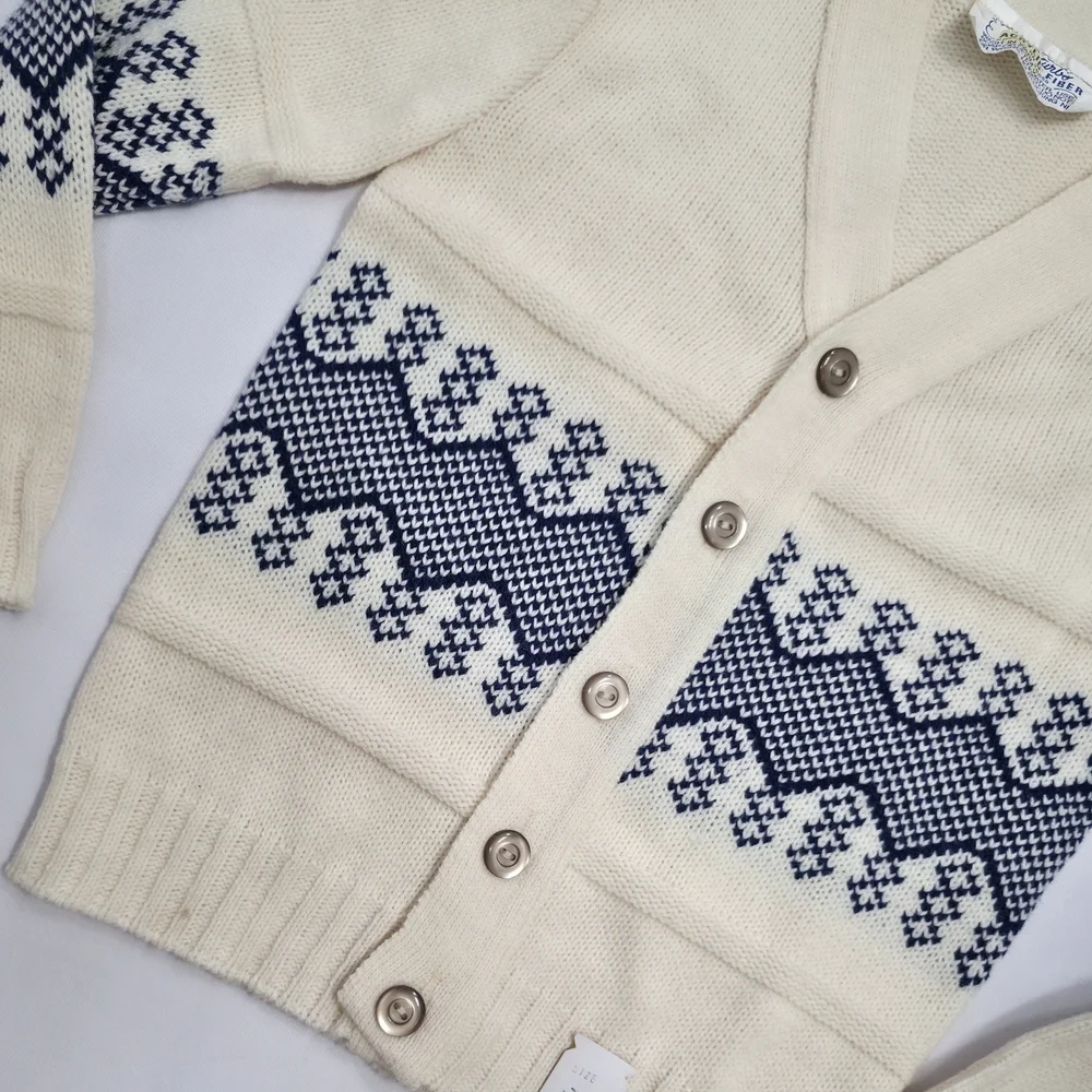 Vintage 70s Boys Nordic Cardigan 4T 5T Cream Blue Sweater